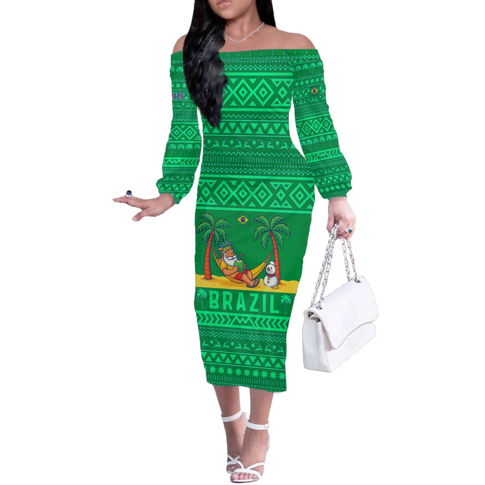 Brazil Christmas Off The Shoulder Long Sleeve Dress with Santa Relaxing in Hammock Palm Trees Snowman and Tribal Pattern Design - Wonder Print Shop