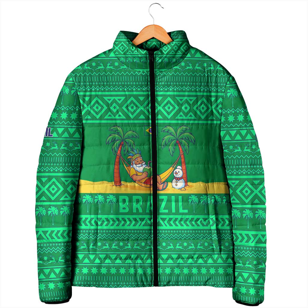 Brazil Christmas Padded Jacket with Santa Relaxing in Hammock Palm Trees Snowman and Tribal Pattern Design - Wonder Print Shop