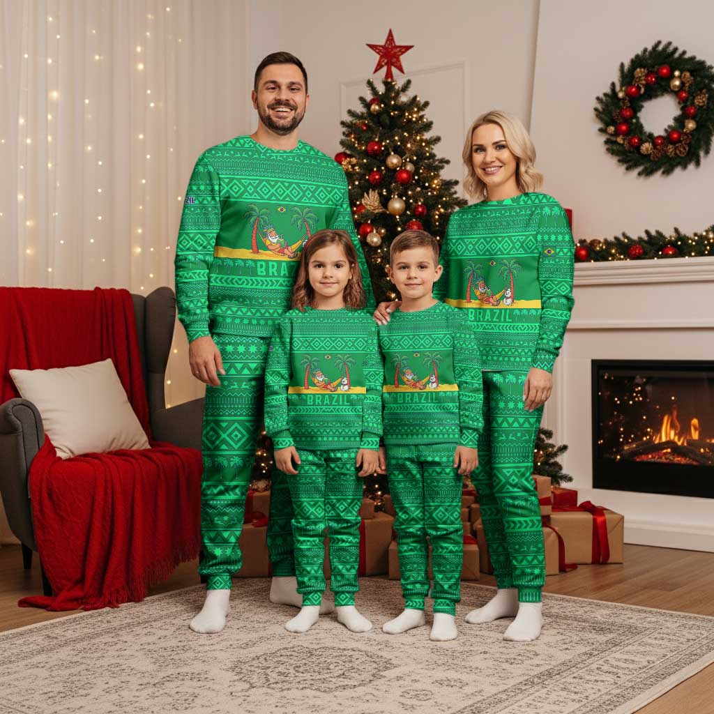 Brazil Christmas Pajama Set with Santa Relaxing in Hammock Palm Trees Snowman and Tribal Pattern Design - Wonder Print Shop