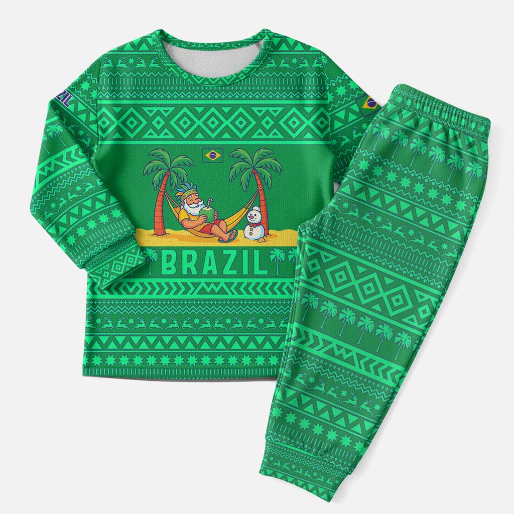 Brazil Christmas Pajama Set with Santa Relaxing in Hammock Palm Trees Snowman and Tribal Pattern Design - Wonder Print Shop