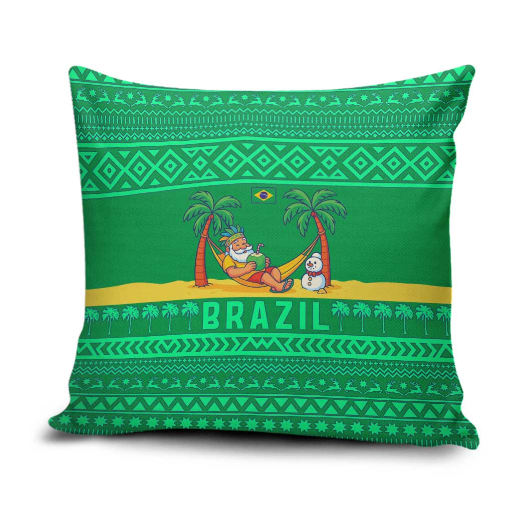 Brazil Christmas Pillow Cover with Santa Relaxing in Hammock Palm Trees Snowman and Tribal Pattern Design - Wonder Print Shop