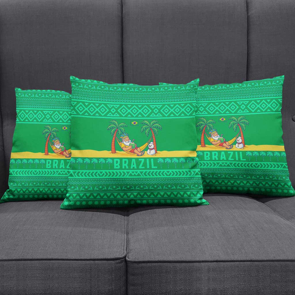Brazil Christmas Pillow Cover with Santa Relaxing in Hammock Palm Trees Snowman and Tribal Pattern Design - Wonder Print Shop