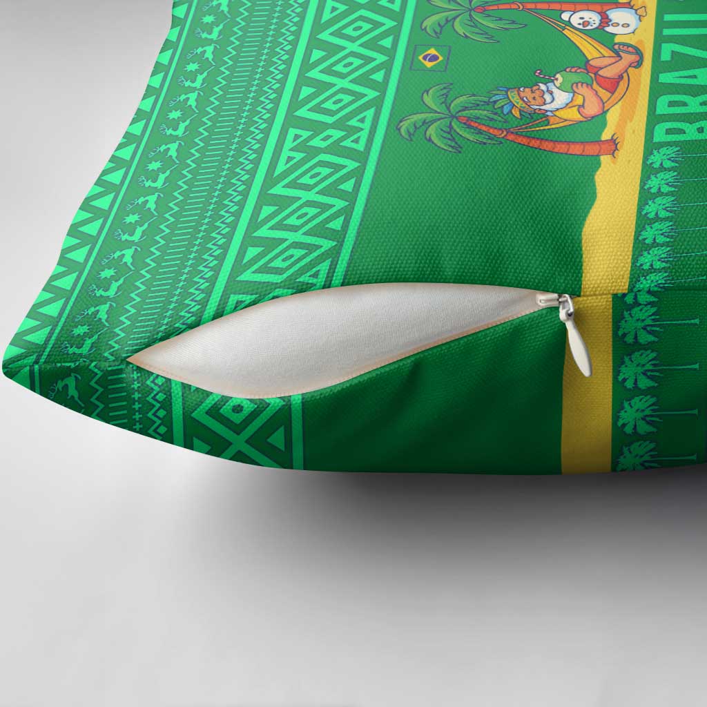 Brazil Christmas Pillow Cover with Santa Relaxing in Hammock Palm Trees Snowman and Tribal Pattern Design - Wonder Print Shop