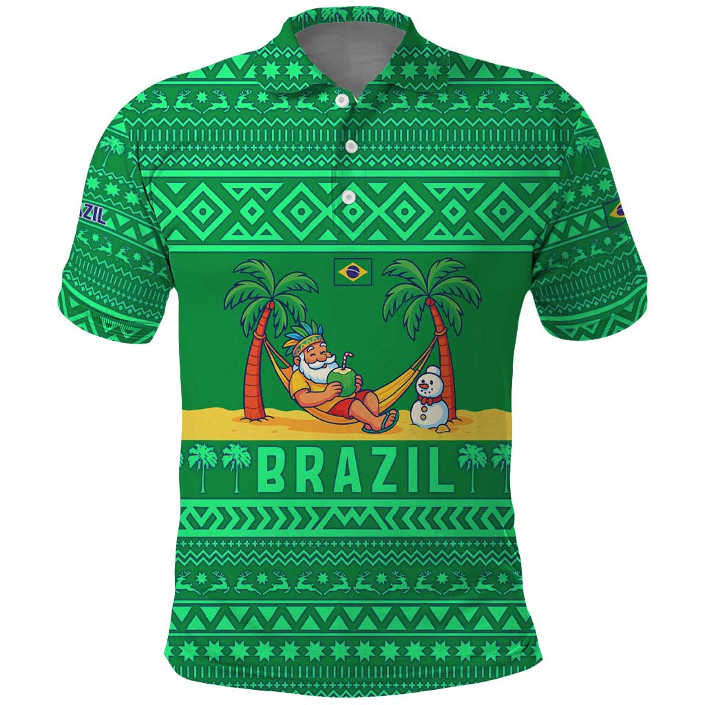 Brazil Christmas Polo Shirt with Santa Relaxing in Hammock Palm Trees Snowman and Tribal Pattern Design - Wonder Print Shop