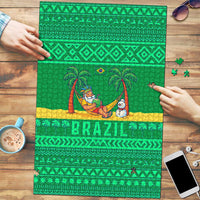 Brazil Christmas Puzzle with Santa Relaxing in Hammock Palm Trees Snowman and Tribal Pattern Design - Wonder Print Shop