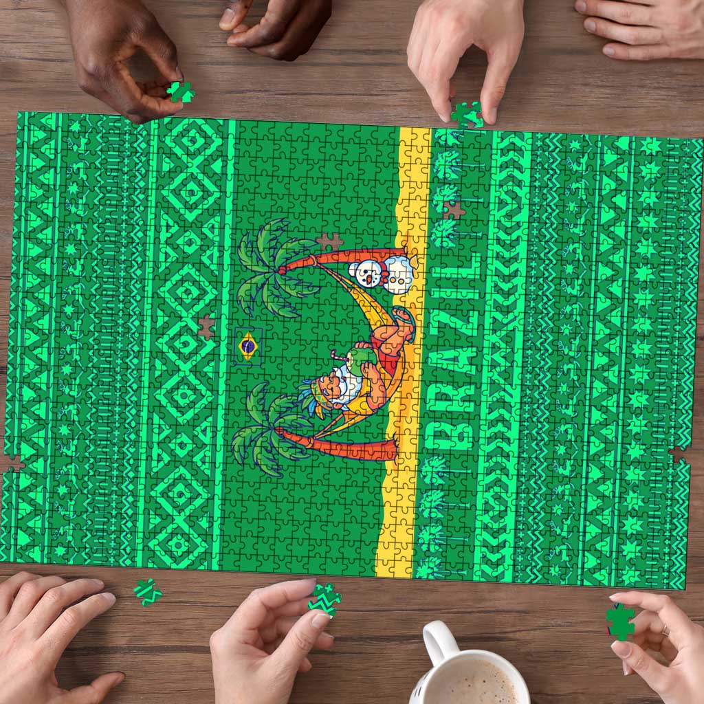 Brazil Christmas Puzzle with Santa Relaxing in Hammock Palm Trees Snowman and Tribal Pattern Design - Wonder Print Shop