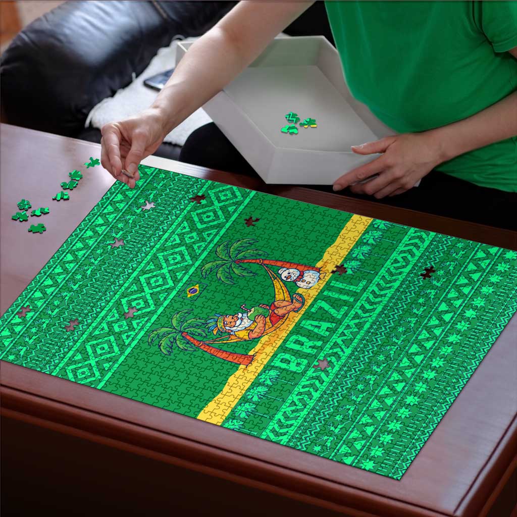 Brazil Christmas Puzzle with Santa Relaxing in Hammock Palm Trees Snowman and Tribal Pattern Design - Wonder Print Shop