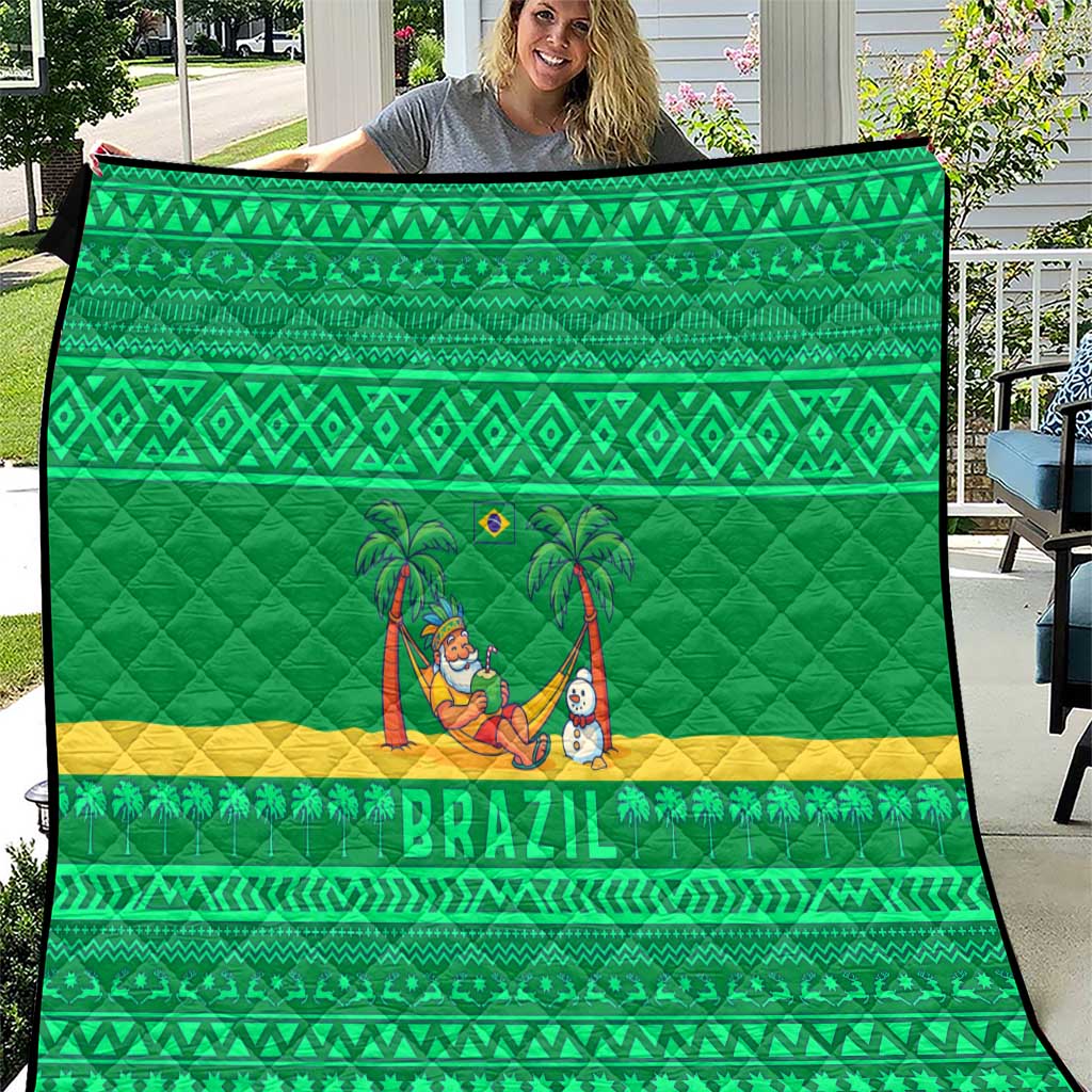 Brazil Christmas Quilt with Santa Relaxing in Hammock Palm Trees Snowman and Tribal Pattern Design - Wonder Print Shop