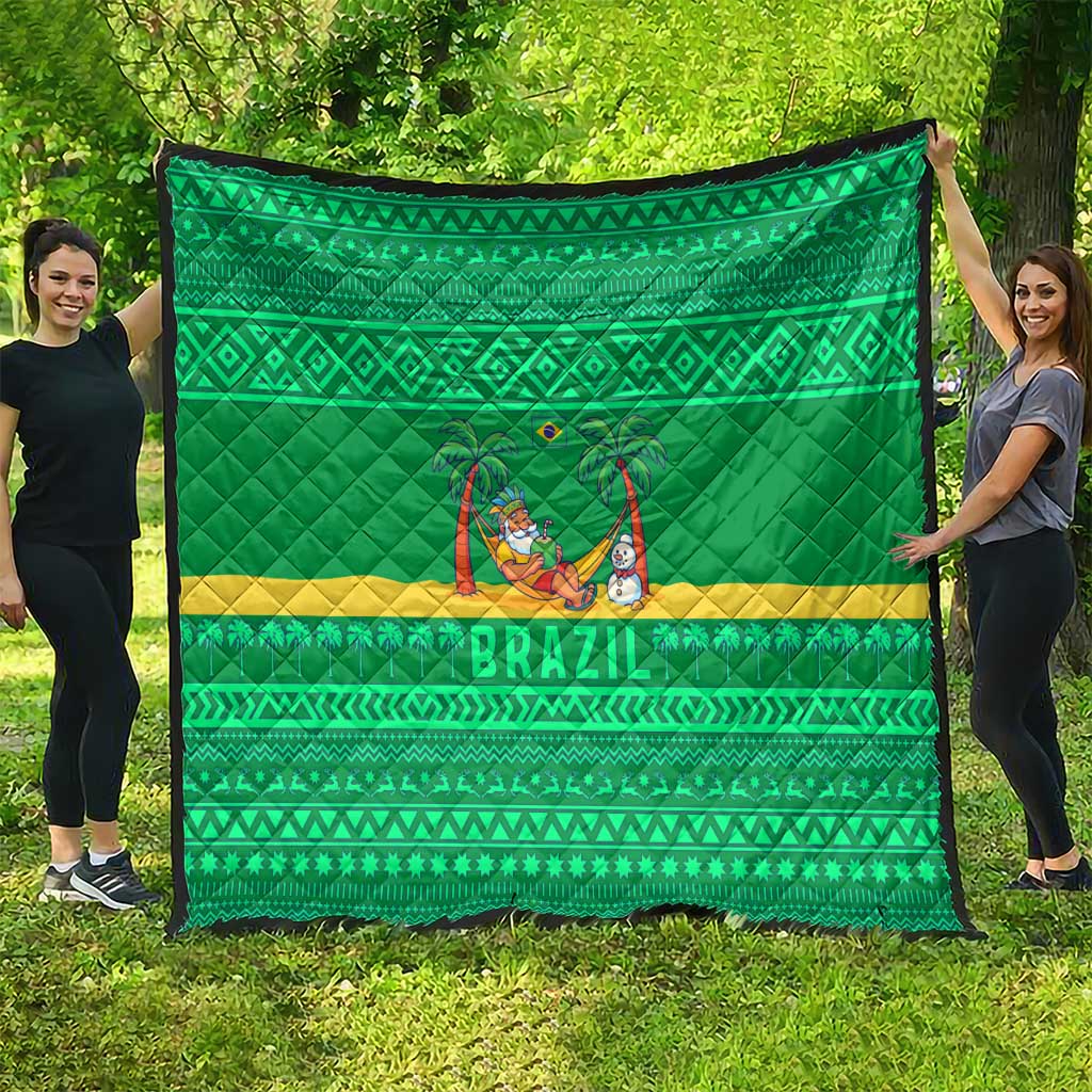 Brazil Christmas Quilt with Santa Relaxing in Hammock Palm Trees Snowman and Tribal Pattern Design - Wonder Print Shop
