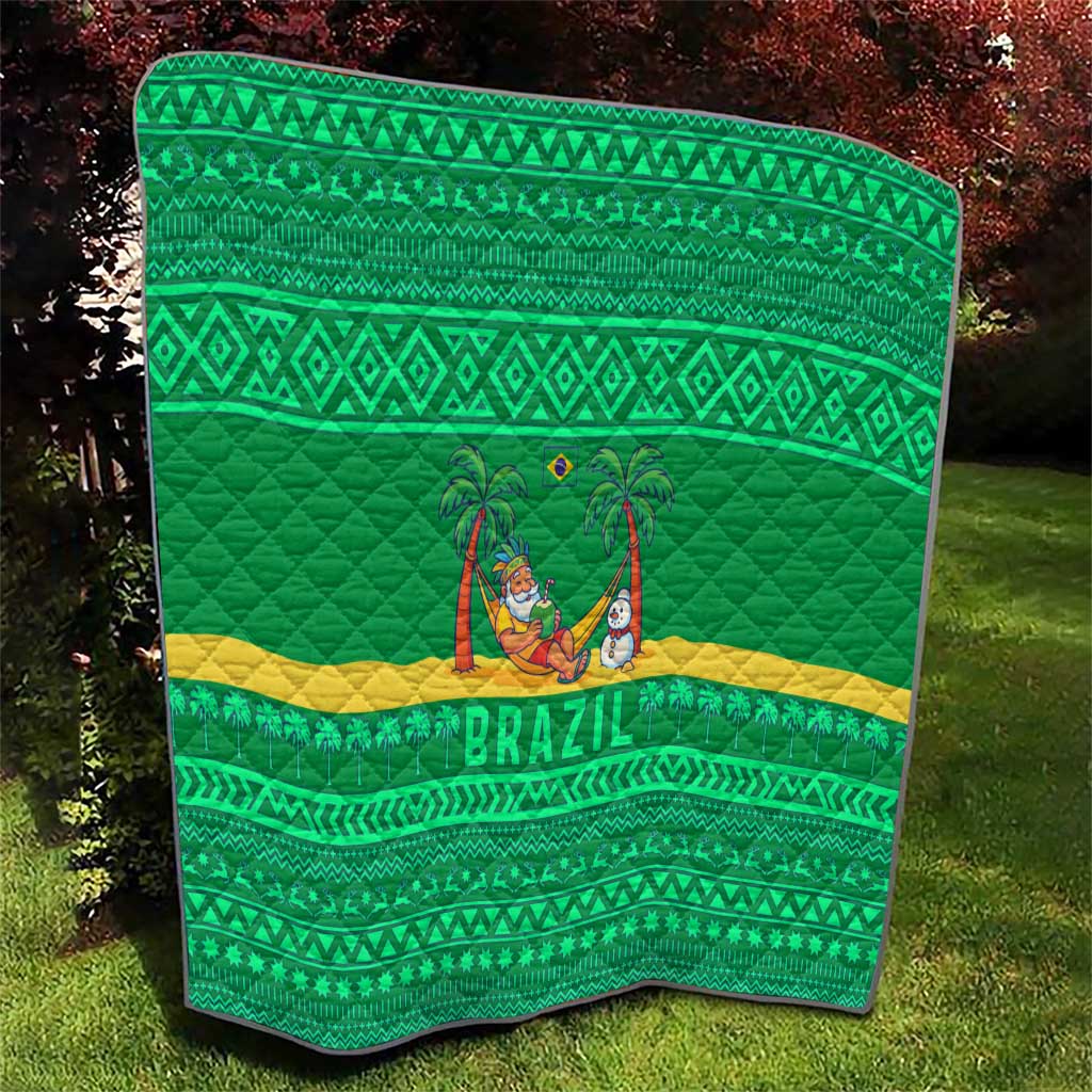 Brazil Christmas Quilt with Santa Relaxing in Hammock Palm Trees Snowman and Tribal Pattern Design - Wonder Print Shop