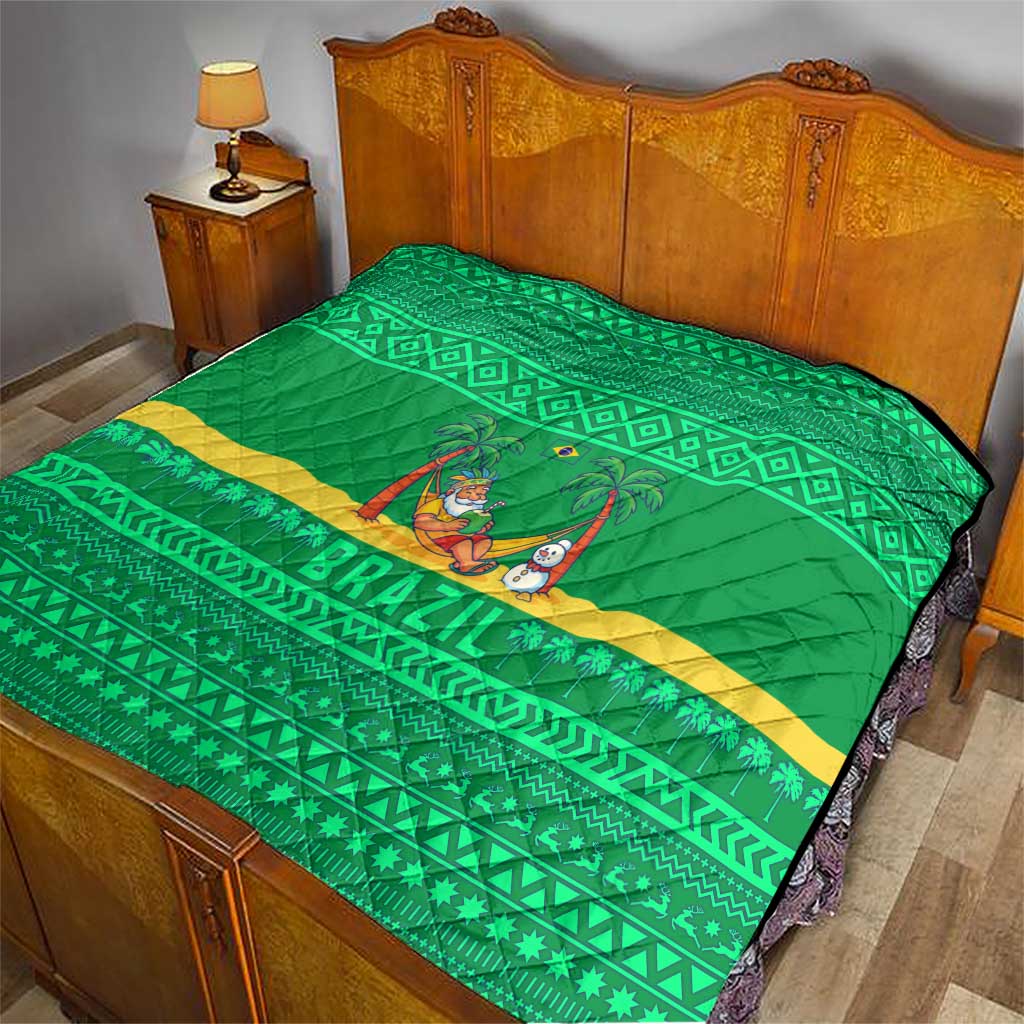 Brazil Christmas Quilt with Santa Relaxing in Hammock Palm Trees Snowman and Tribal Pattern Design - Wonder Print Shop
