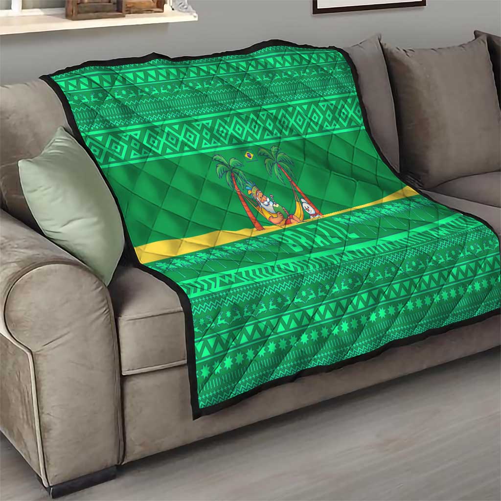 Brazil Christmas Quilt with Santa Relaxing in Hammock Palm Trees Snowman and Tribal Pattern Design - Wonder Print Shop