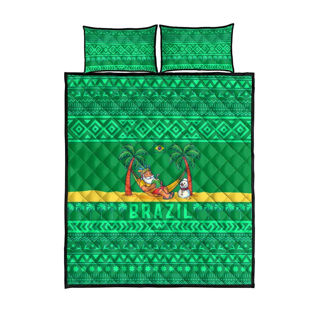Brazil Christmas Quilt Bed Set with Santa Relaxing in Hammock Palm Trees Snowman and Tribal Pattern Design - Wonder Print Shop