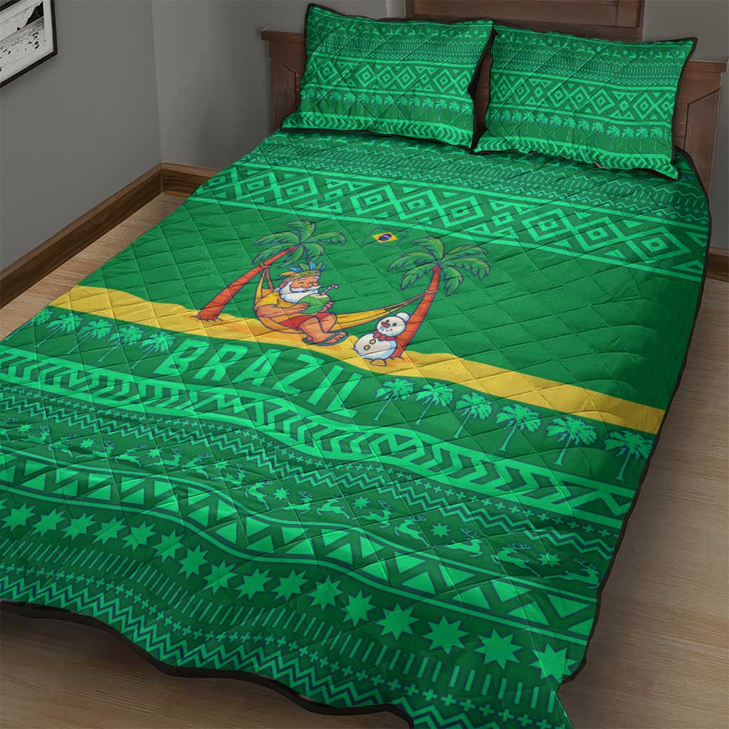 Brazil Christmas Quilt Bed Set with Santa Relaxing in Hammock Palm Trees Snowman and Tribal Pattern Design - Wonder Print Shop