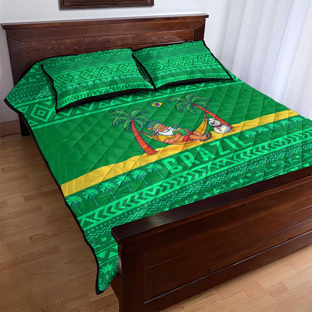 Brazil Christmas Quilt Bed Set with Santa Relaxing in Hammock Palm Trees Snowman and Tribal Pattern Design - Wonder Print Shop