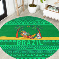 Brazil Christmas Round Carpet with Santa Relaxing in Hammock Palm Trees Snowman and Tribal Pattern Design - Wonder Print Shop