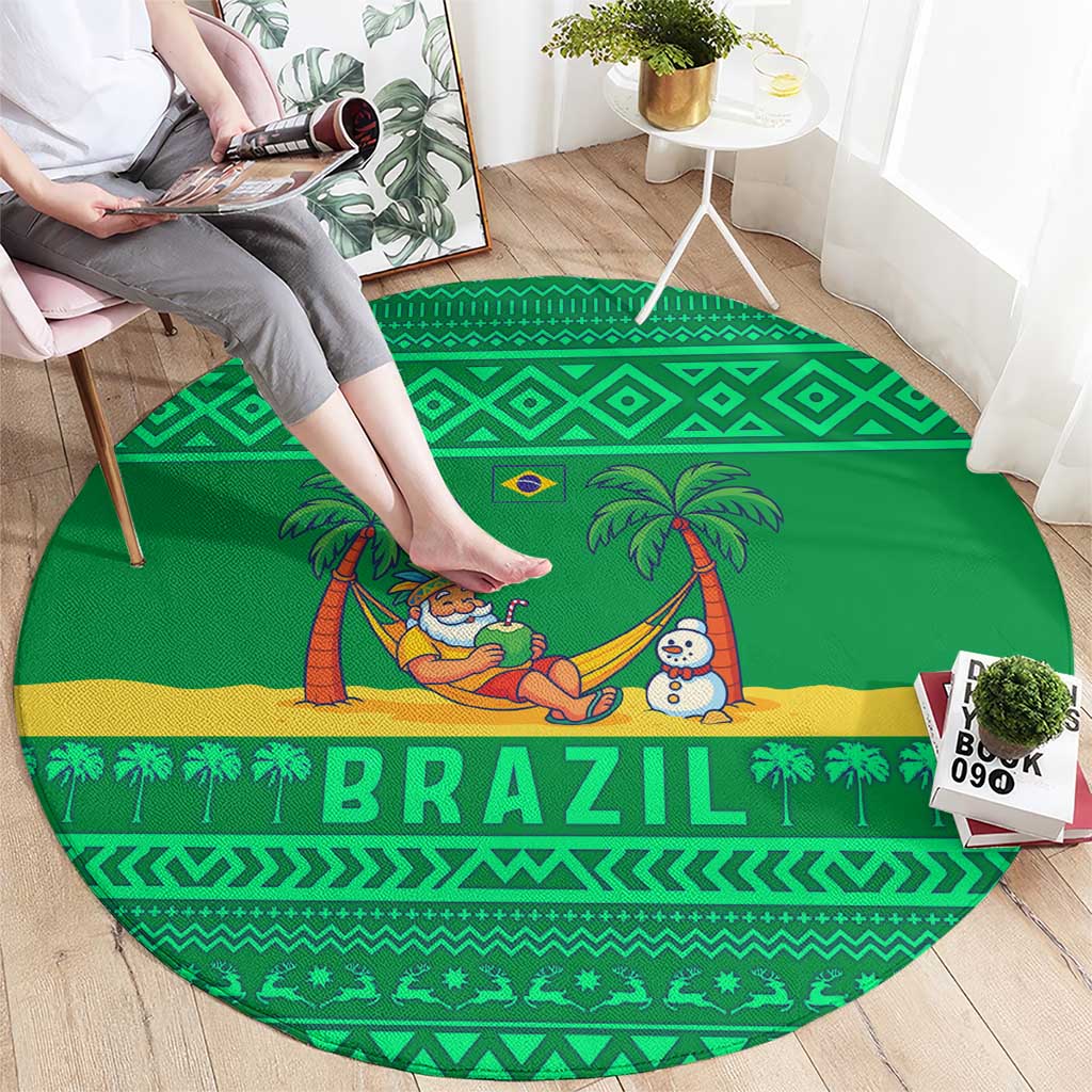 Brazil Christmas Round Carpet with Santa Relaxing in Hammock Palm Trees Snowman and Tribal Pattern Design - Wonder Print Shop