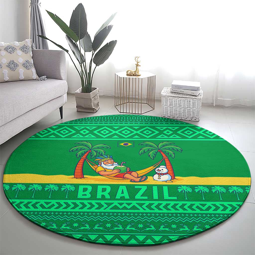 Brazil Christmas Round Carpet with Santa Relaxing in Hammock Palm Trees Snowman and Tribal Pattern Design - Wonder Print Shop