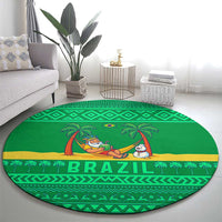 Brazil Christmas Round Carpet with Santa Relaxing in Hammock Palm Trees Snowman and Tribal Pattern Design - Wonder Print Shop
