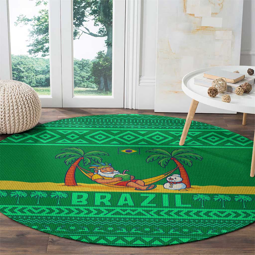 Brazil Christmas Round Carpet with Santa Relaxing in Hammock Palm Trees Snowman and Tribal Pattern Design - Wonder Print Shop