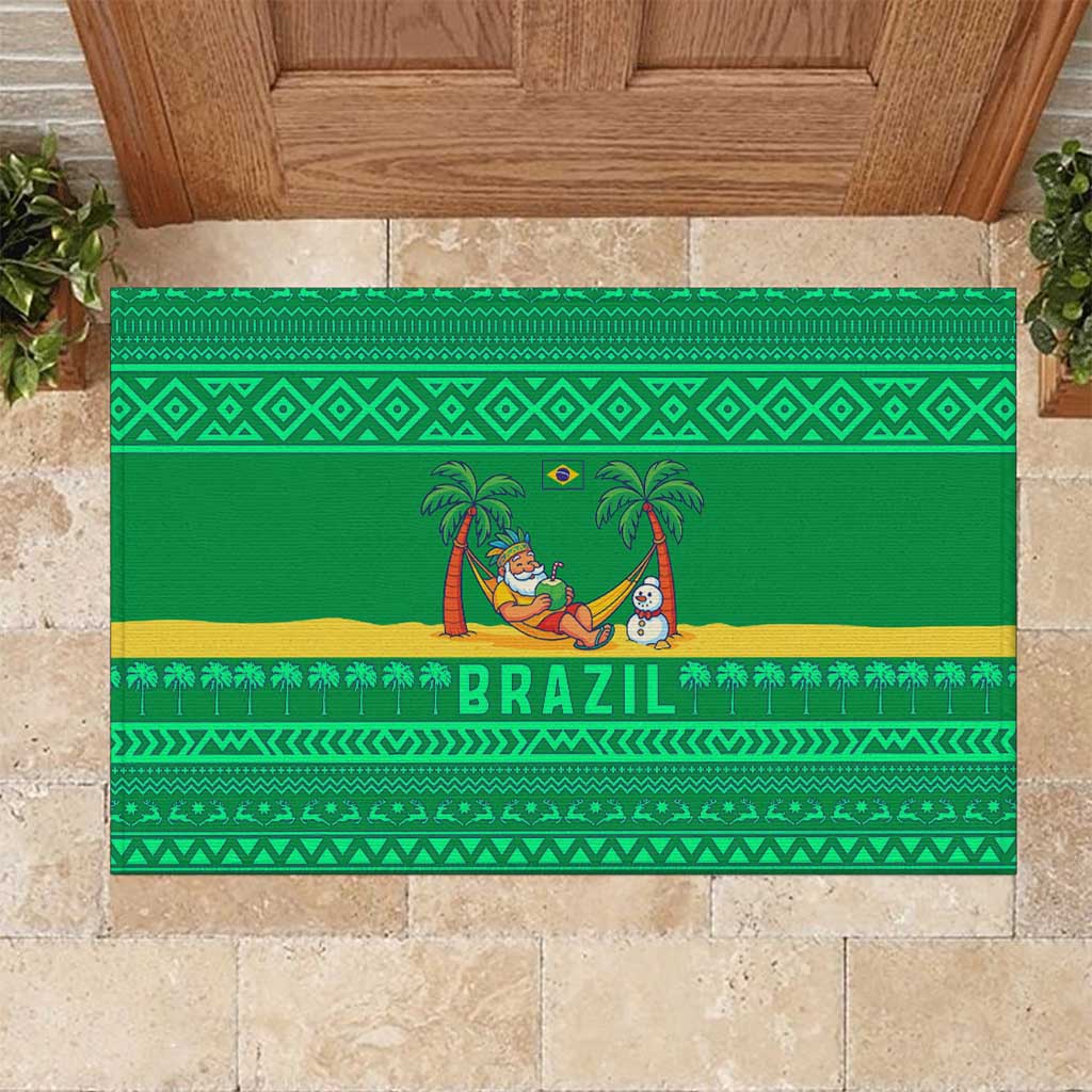 Brazil Christmas Rubber Doormat with Santa Relaxing in Hammock Palm Trees Snowman and Tribal Pattern Design - Wonder Print Shop