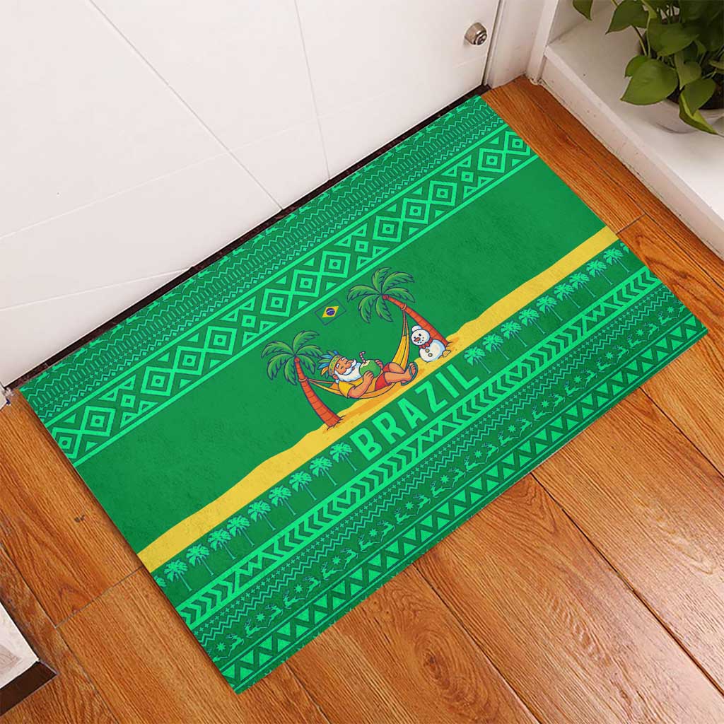 Brazil Christmas Rubber Doormat with Santa Relaxing in Hammock Palm Trees Snowman and Tribal Pattern Design - Wonder Print Shop