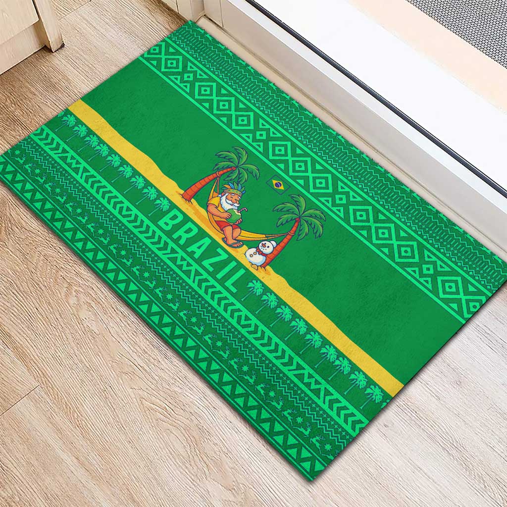 Brazil Christmas Rubber Doormat with Santa Relaxing in Hammock Palm Trees Snowman and Tribal Pattern Design - Wonder Print Shop