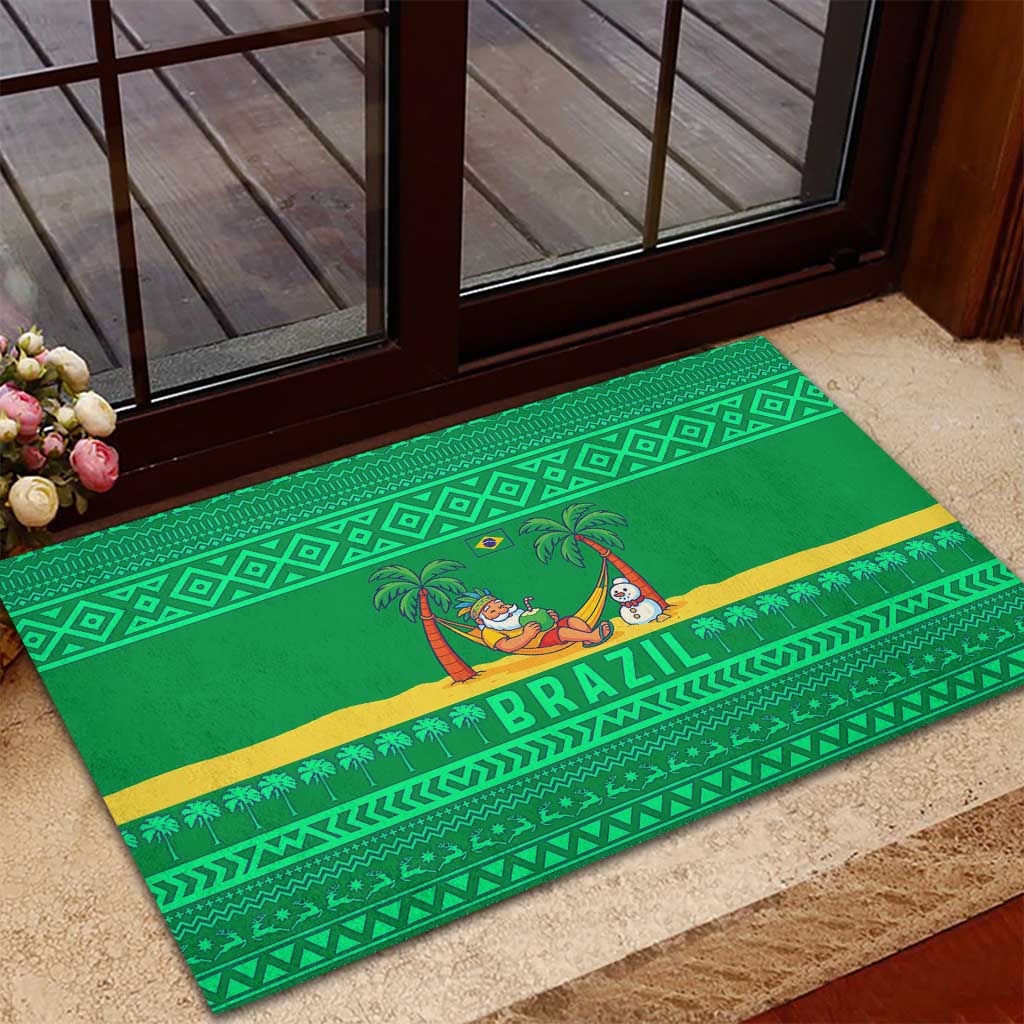 Brazil Christmas Rubber Doormat with Santa Relaxing in Hammock Palm Trees Snowman and Tribal Pattern Design - Wonder Print Shop