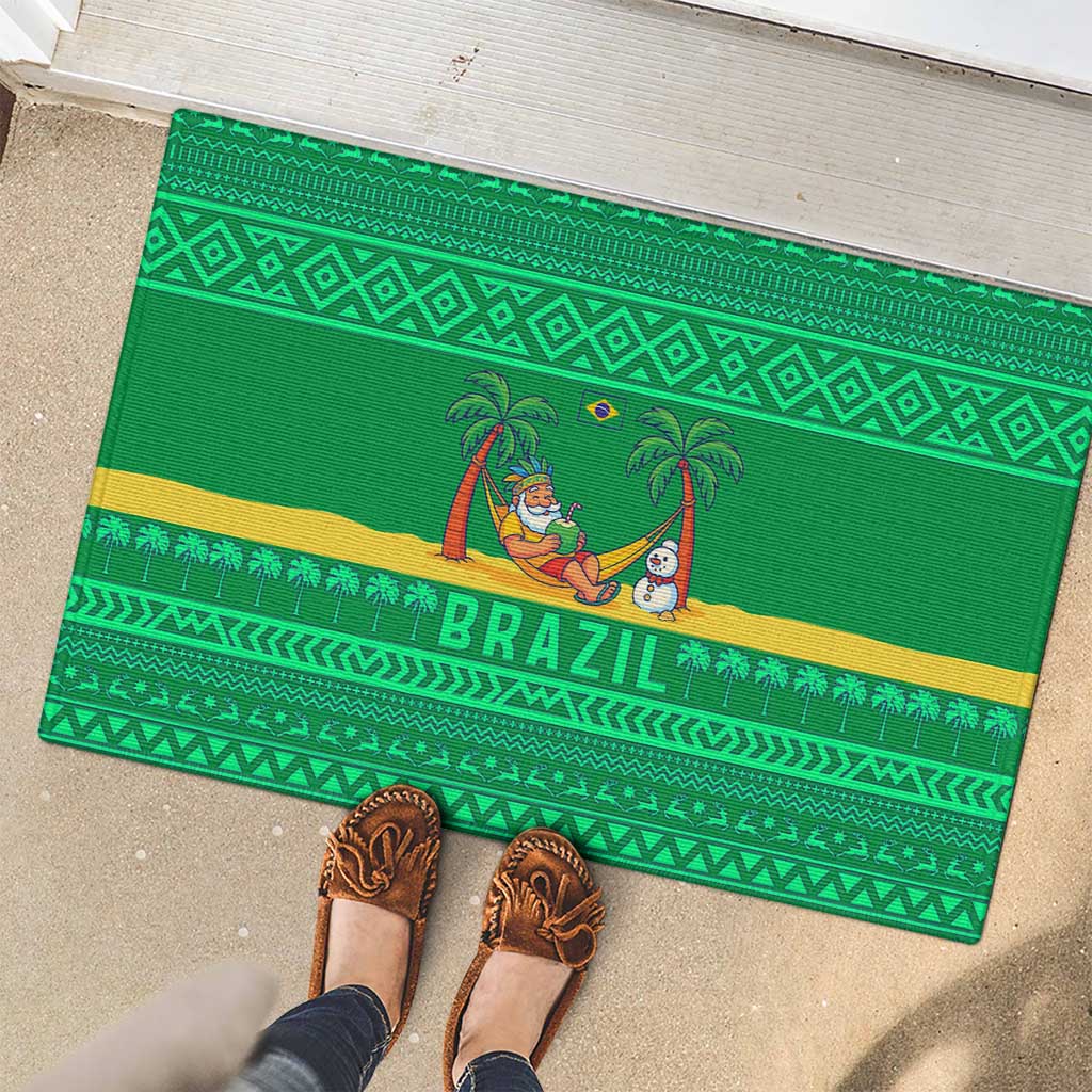Brazil Christmas Rubber Doormat with Santa Relaxing in Hammock Palm Trees Snowman and Tribal Pattern Design - Wonder Print Shop