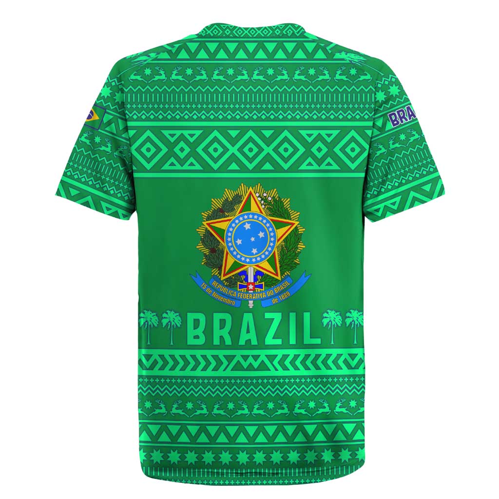 Brazil Christmas Rugby Jersey with Santa Relaxing in Hammock Palm Trees Snowman and Tribal Pattern Design - Wonder Print Shop