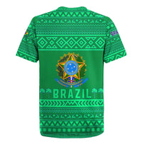 Brazil Christmas Rugby Jersey with Santa Relaxing in Hammock Palm Trees Snowman and Tribal Pattern Design - Wonder Print Shop