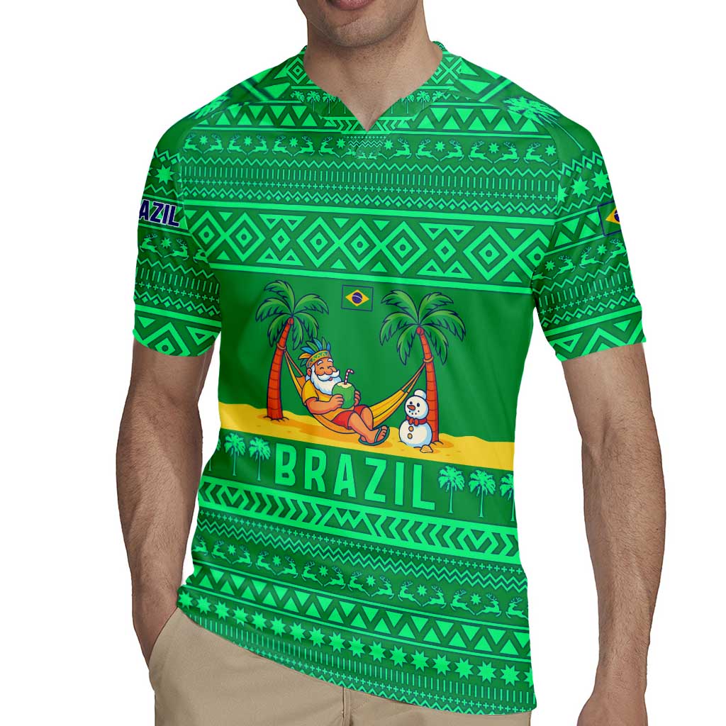 Brazil Christmas Rugby Jersey with Santa Relaxing in Hammock Palm Trees Snowman and Tribal Pattern Design - Wonder Print Shop