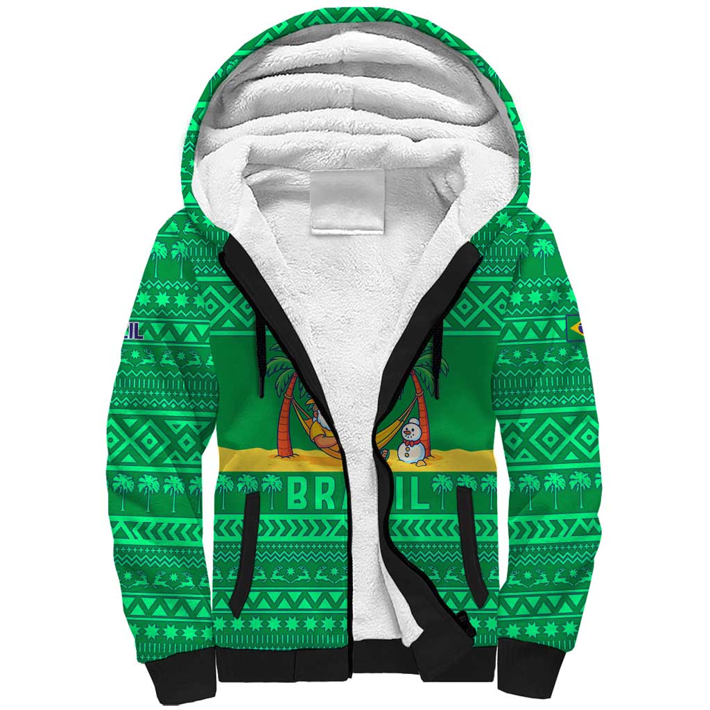 Brazil Christmas Sherpa Hoodie with Santa Relaxing in Hammock Palm Trees Snowman and Tribal Pattern Design - Wonder Print Shop