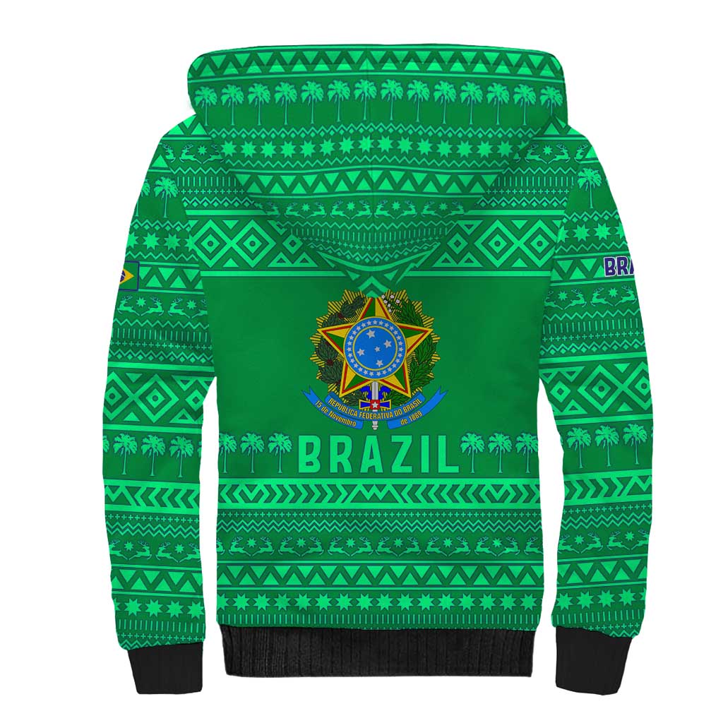 Brazil Christmas Sherpa Hoodie with Santa Relaxing in Hammock Palm Trees Snowman and Tribal Pattern Design - Wonder Print Shop