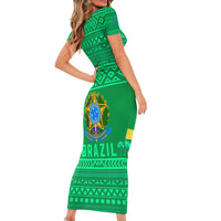 Brazil Christmas Short Sleeve Bodycon Dress with Santa Relaxing in Hammock Palm Trees Snowman and Tribal Pattern Design - Wonder Print Shop
