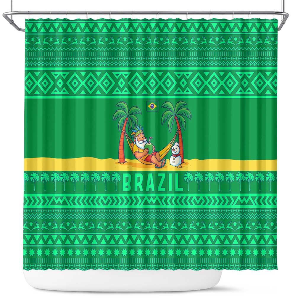 Brazil Christmas Shower Curtain with Santa Relaxing in Hammock Palm Trees Snowman and Tribal Pattern Design - Wonder Print Shop