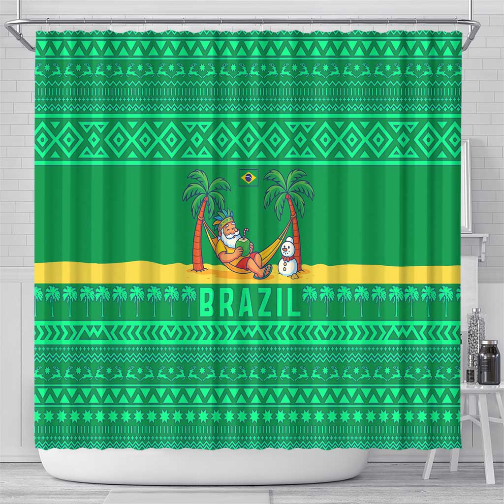Brazil Christmas Shower Curtain with Santa Relaxing in Hammock Palm Trees Snowman and Tribal Pattern Design - Wonder Print Shop