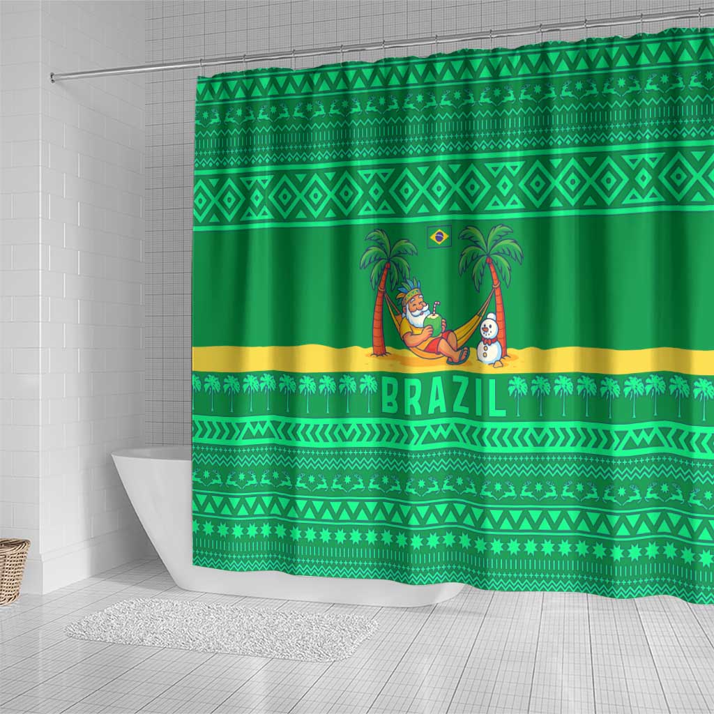 Brazil Christmas Shower Curtain with Santa Relaxing in Hammock Palm Trees Snowman and Tribal Pattern Design - Wonder Print Shop