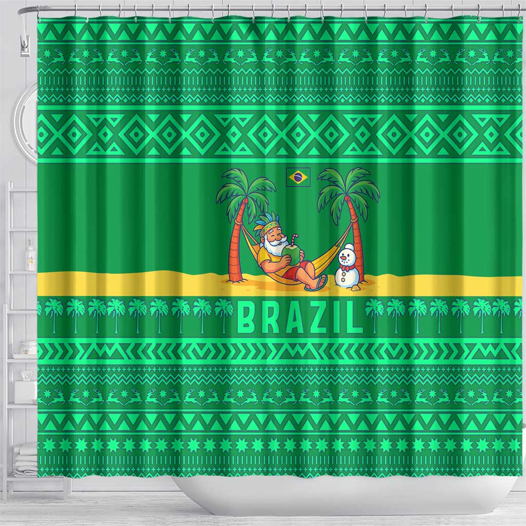 Brazil Christmas Shower Curtain with Santa Relaxing in Hammock Palm Trees Snowman and Tribal Pattern Design - Wonder Print Shop