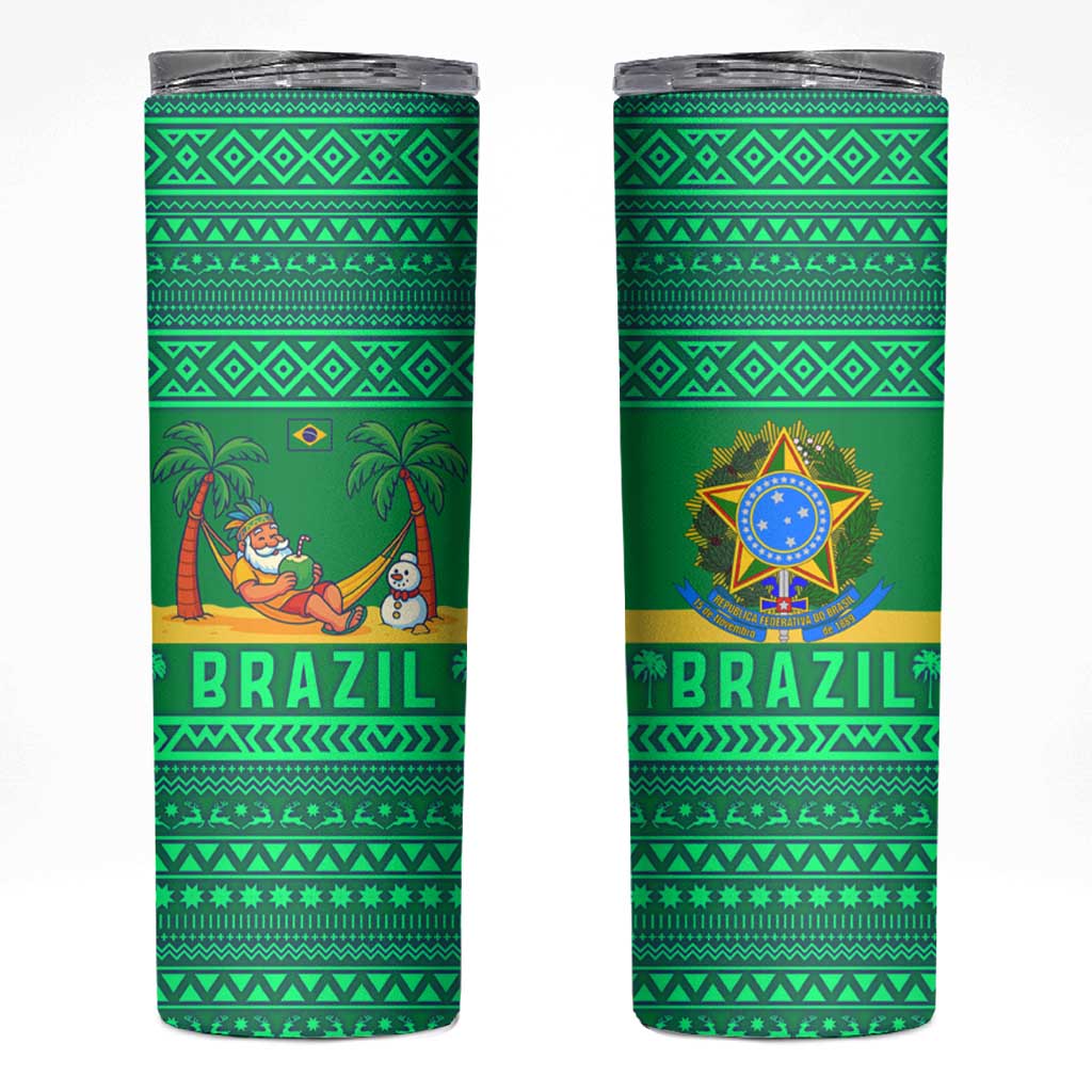 Brazil Christmas Skinny Tumbler with Santa Relaxing in Hammock Palm Trees Snowman and Tribal Pattern Design - Wonder Print Shop