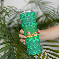 Brazil Christmas Skinny Tumbler with Santa Relaxing in Hammock Palm Trees Snowman and Tribal Pattern Design - Wonder Print Shop
