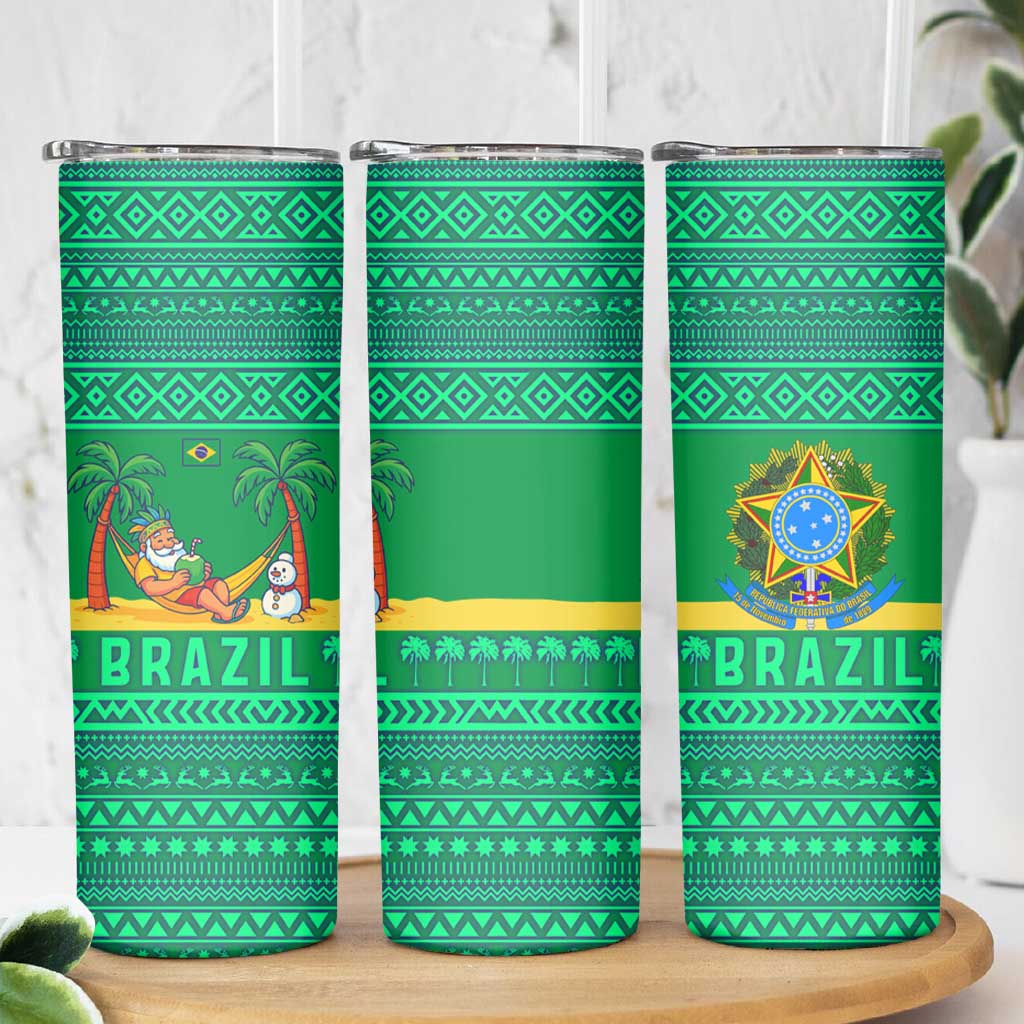 Brazil Christmas Skinny Tumbler with Santa Relaxing in Hammock Palm Trees Snowman and Tribal Pattern Design - Wonder Print Shop