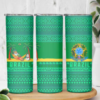 Brazil Christmas Skinny Tumbler with Santa Relaxing in Hammock Palm Trees Snowman and Tribal Pattern Design - Wonder Print Shop