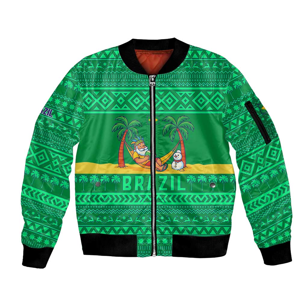 Brazil Christmas Sleeve Zip Bomber Jacket with Santa Relaxing in Hammock Palm Trees Snowman and Tribal Pattern Design - Wonder Print Shop