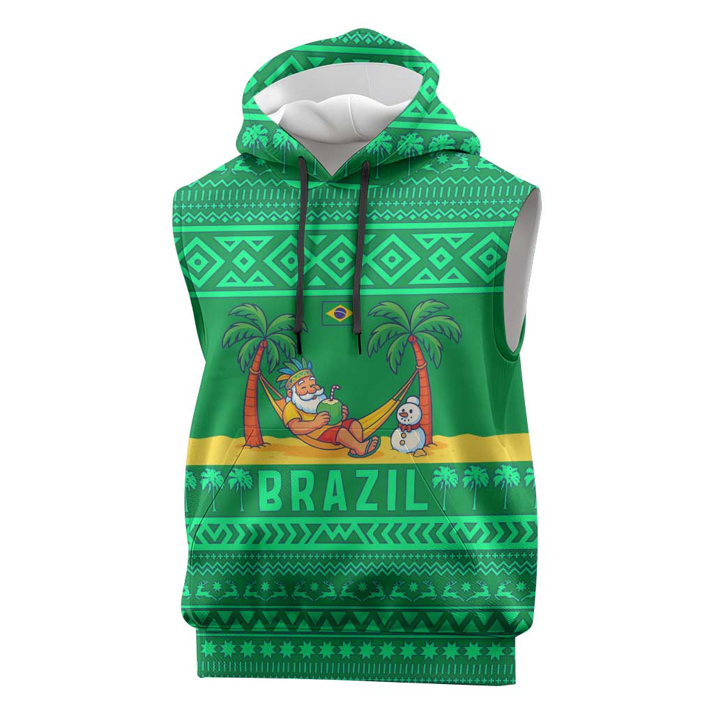 Brazil Christmas Sleeveless Hoodie with Santa Relaxing in Hammock Palm Trees Snowman and Tribal Pattern Design - Wonder Print Shop