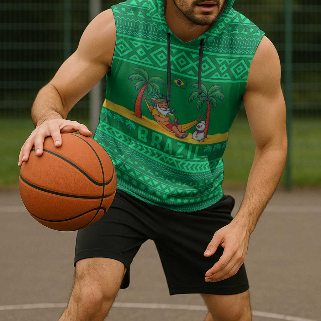 Brazil Christmas Sleeveless Hoodie with Santa Relaxing in Hammock Palm Trees Snowman and Tribal Pattern Design - Wonder Print Shop