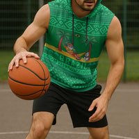 Brazil Christmas Sleeveless Hoodie with Santa Relaxing in Hammock Palm Trees Snowman and Tribal Pattern Design - Wonder Print Shop