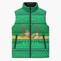 Brazil Christmas Sleeveless Puffer Jacket with Santa Relaxing in Hammock Palm Trees Snowman and Tribal Pattern Design - Wonder Print Shop