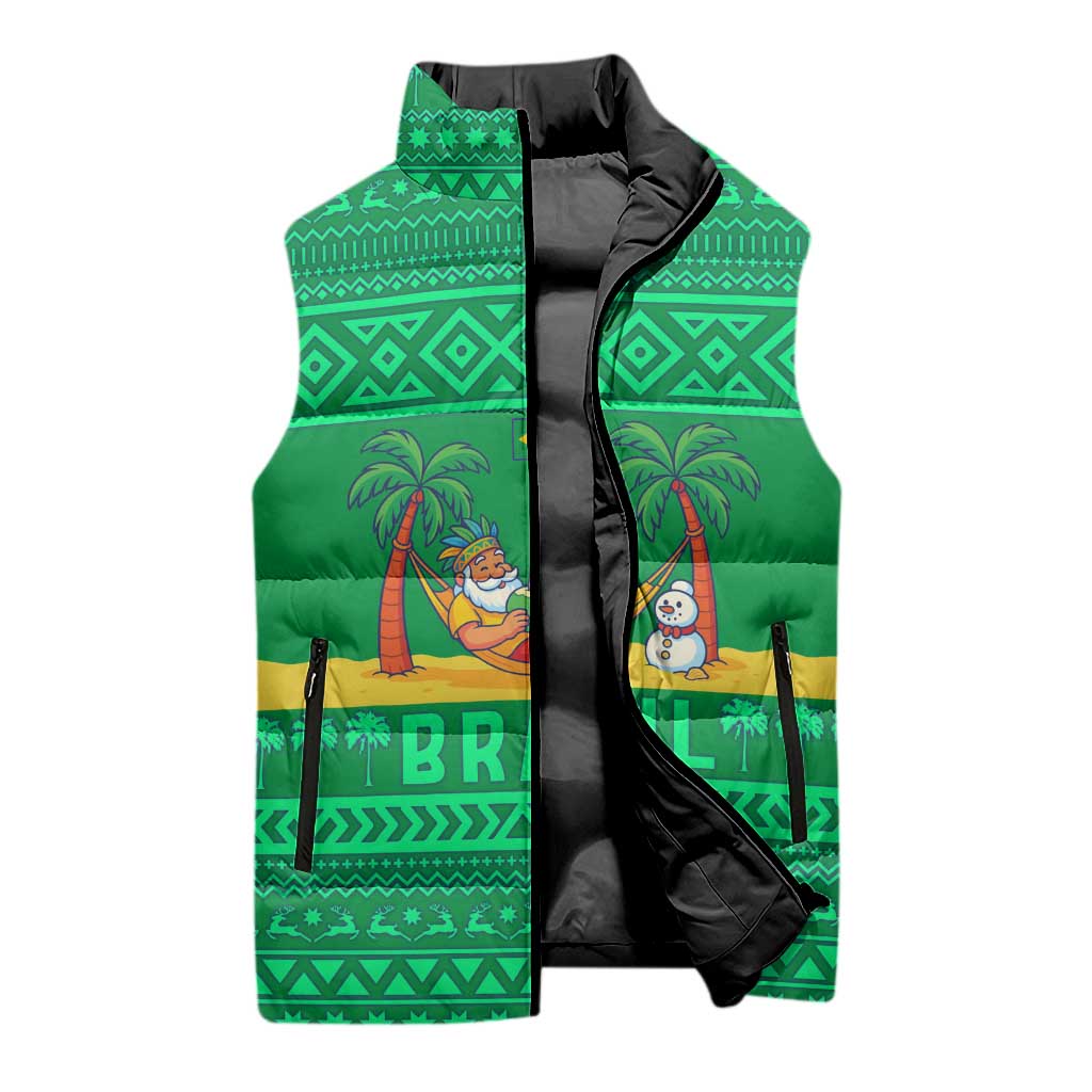 Brazil Christmas Sleeveless Puffer Jacket with Santa Relaxing in Hammock Palm Trees Snowman and Tribal Pattern Design - Wonder Print Shop