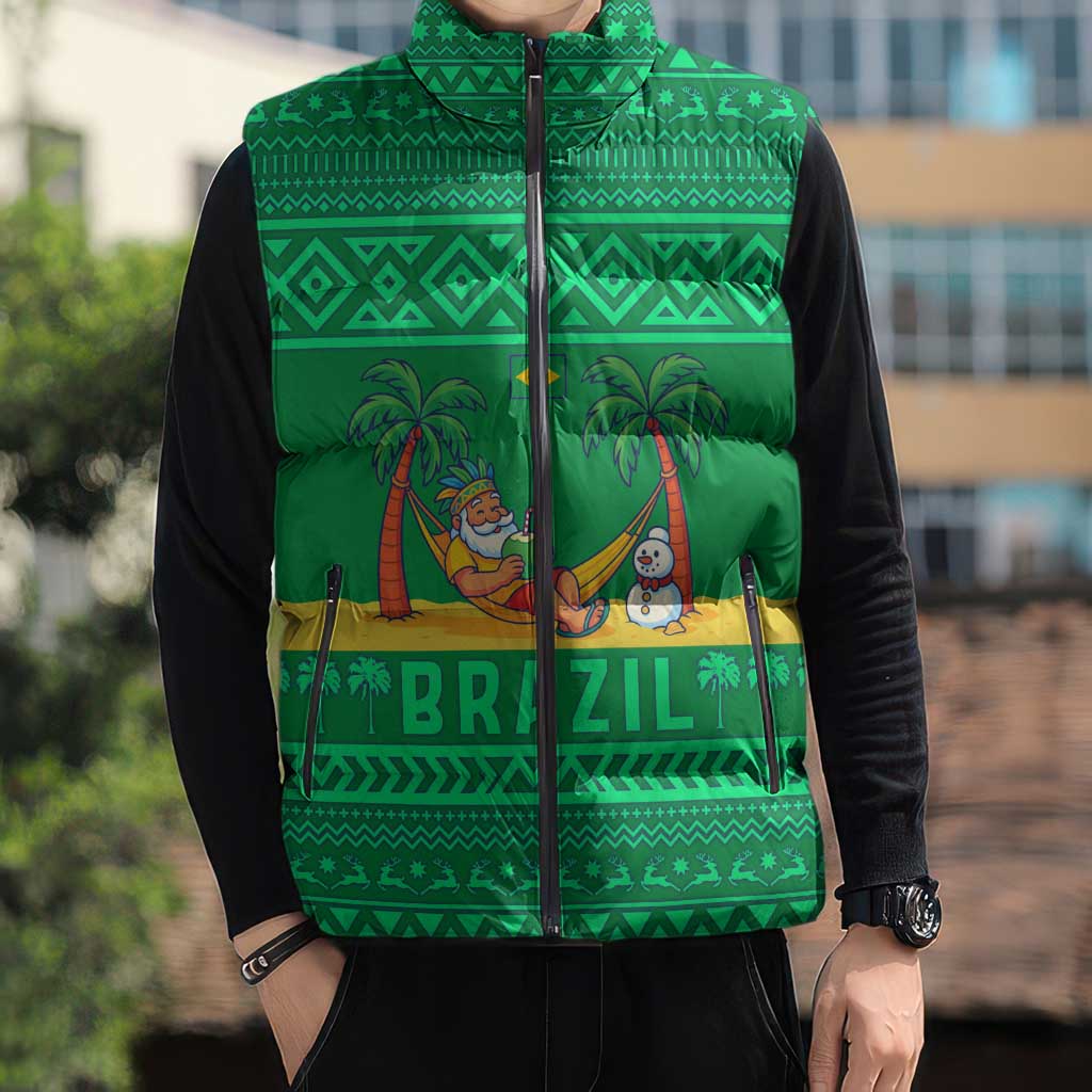 Brazil Christmas Sleeveless Puffer Jacket with Santa Relaxing in Hammock Palm Trees Snowman and Tribal Pattern Design - Wonder Print Shop